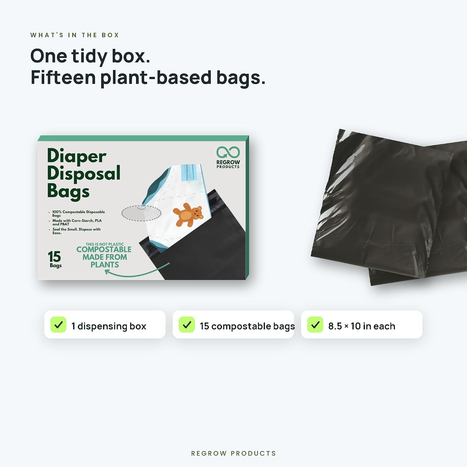Regrow Diaper Disposal Bags, Unscented, 15 Count - 100% Compostable Diaper Sacks for Dirty Diapers, Certified to ASTM D6400, Odor-Lock Seal, Leak-Proof, Plant-Based, Travel Wallet Pack