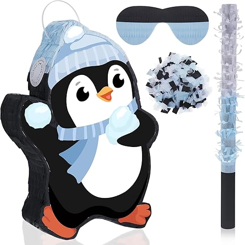 Lewtemi Piñata de pingüino de 15.1 pulgadas, suministros de fiesta de pingüino, piñata de caramelo con palo de confeti y venda, regalo para Navidad,