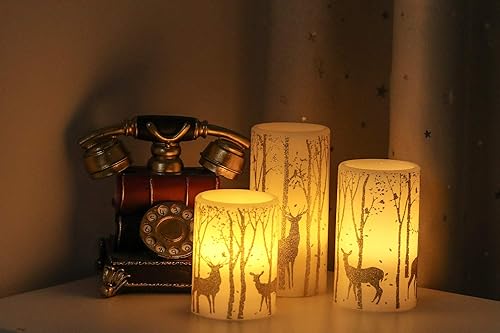 Miniatura 5 de GenSwin Velas parpadeantes sin llama que funcionan con pilas con temporizador de 6 horas, velas LED de cera real, calcomanías de ciervo, luz cálida