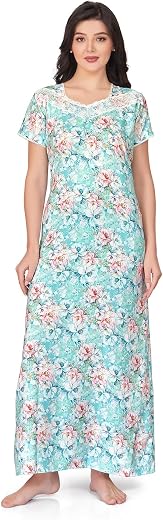 SAND DUNE Womens Straight Fit V-Neck Short Sleeves Digital Print Alpine Fabric Nighty with Functional Pocket