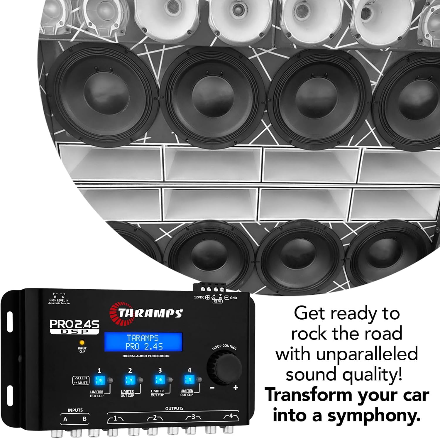 Taramp's Pro 2.4S DSP Crossover full Digital Signal Processor and Equalizer with sequencer 15-band Graphic Equalization 12 preset EQ 2-Channel in and 4-Channel Out