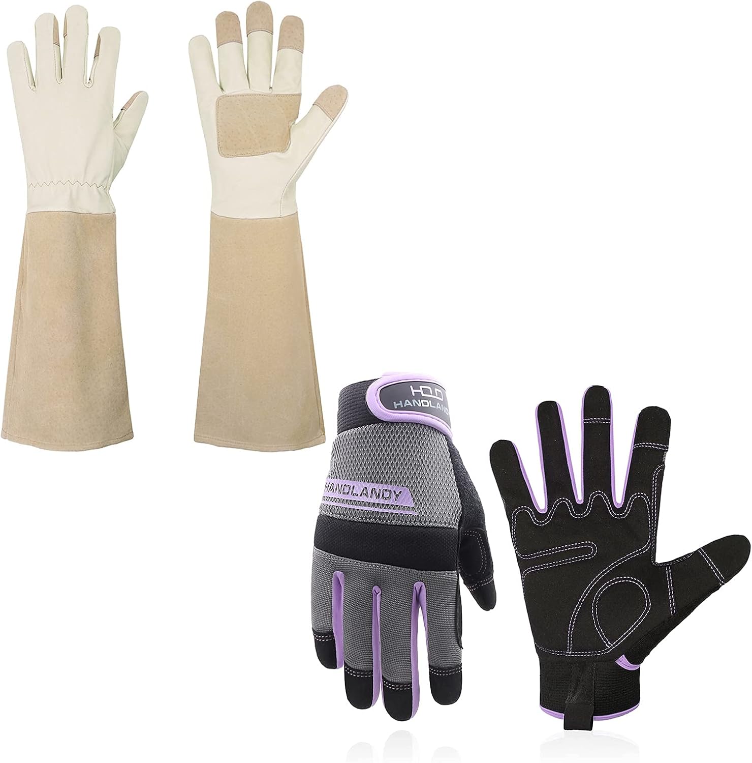 HANDLANDY Bundle - 2 Pairs: Rose Pruning Long Gardening Gloves, Mechanic Working Touch Screen Yard Work Gloves - Beige, Purple, Medium