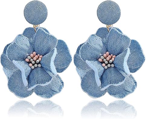 coadipress Boho Denim Camellia Flower Dangle Earrings for Women Exaggerated Big Layered Tiered Blossom Floral Drop Long Earring Chic Statement Earrings Wedding Bridal Jewelry Gifts