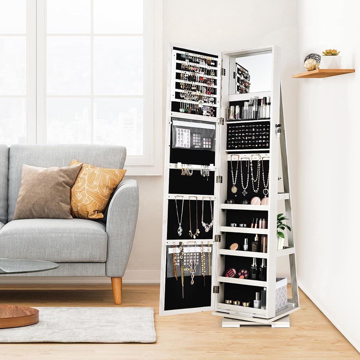 LOKO 360° Rotating Jewelry Armoire, Freestanding Jewelry Cabinet with Inside Makeup Mirror, 2-in-1 Lockable Jewelry Organizer w/Full-Length Mirror for Women (Grayish White)