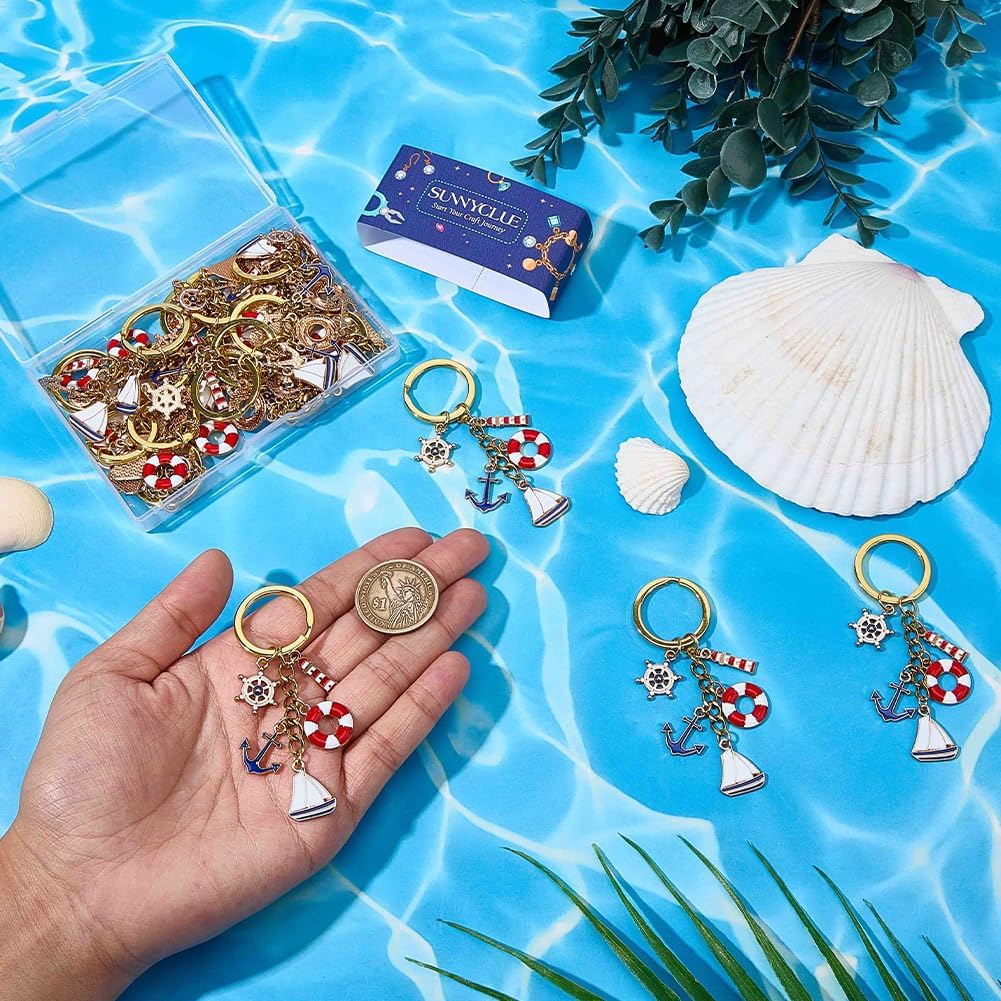 SUNNYCLUE 1 Box 20Pcs Nautical Keychain Bulk Sailboat Charm Keychain Set Alloy Enamel Gold Ship Summer Lighthouse Compass Ocean Pendants Key Chains for Purse Decor Party Favor Wedding Favors Gifts