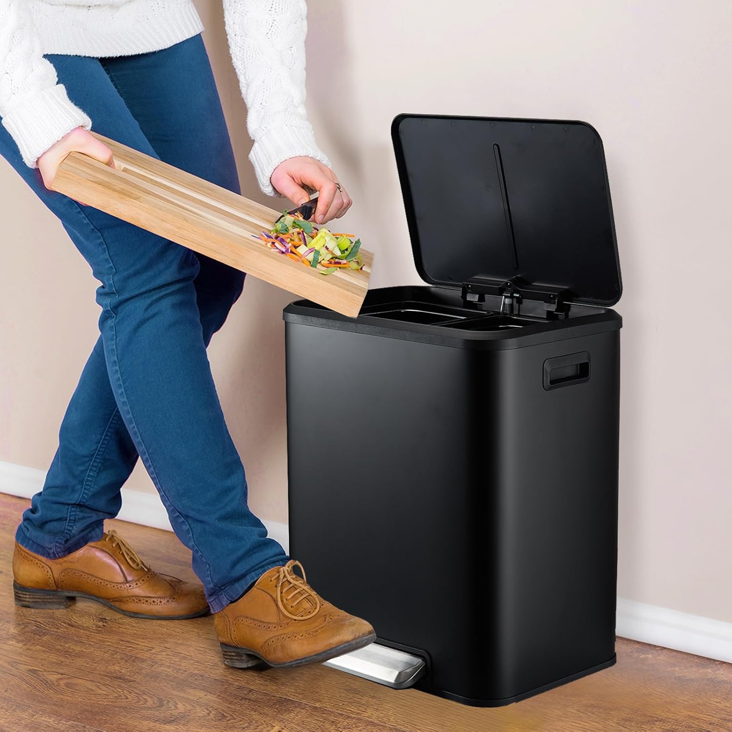 Dual Rectangular Compartment Trash Can, Recycling Trash Can with Lid and Soft Step-On for Bathroom and Kitchen, 2 x 4 Gal (2 x 15L), Black