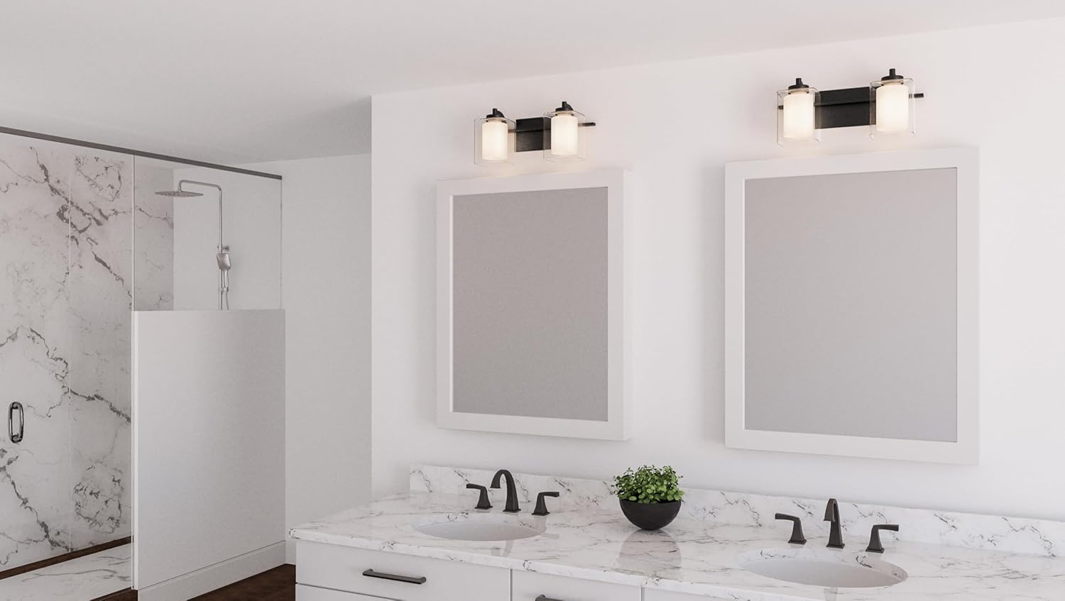 Quoizel Kolt Modern Vanity Lights, 2-Light, 18 Inch Matte Black Bathroom Lighting Fixtures Over Mirror, Sandblasted Inner Glass, 100 W A19 Bulb, Wall Mount Light for Bathrooms, Kitchen or Hallway