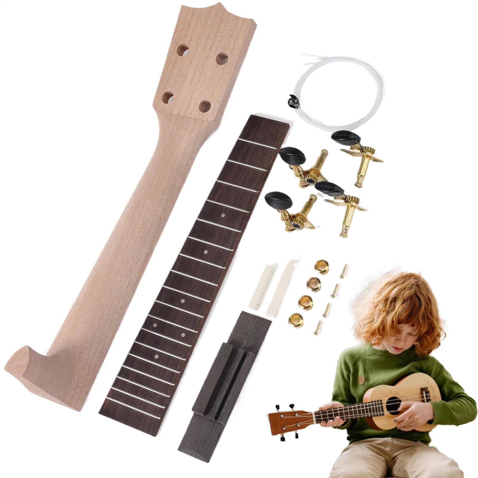 Ukelele Kit Bouw je eigen, houten ukelele kit | 21/23 Kit voor volwassenen en beginners, complete ukelele beginnersbundel met bashout toets, installatiegereedschap inbegrepen