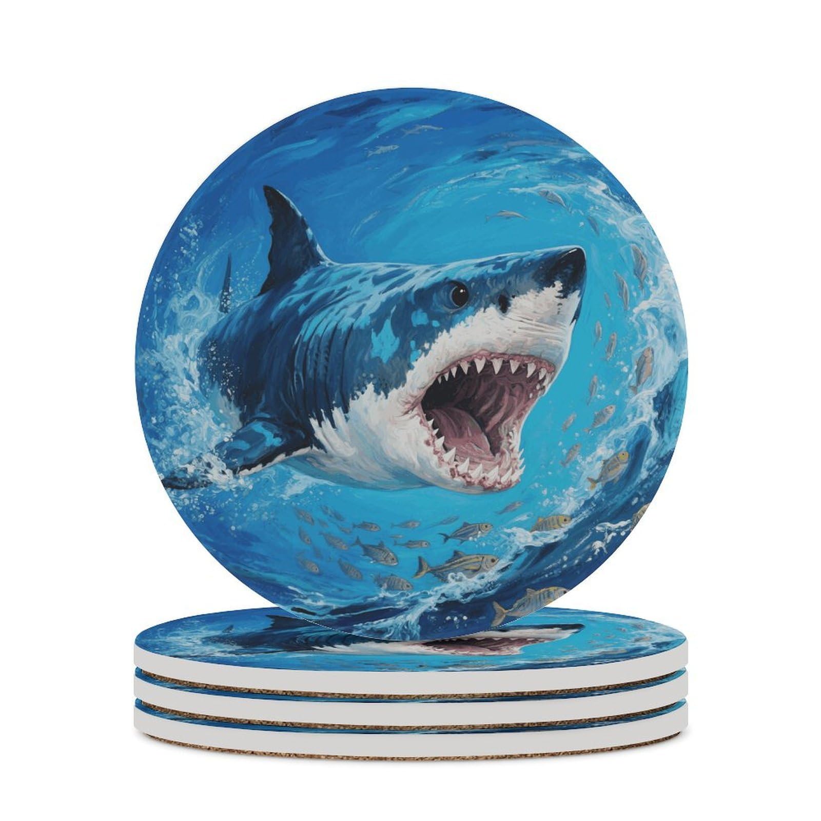 Fiercely Shark Coaster with Cork Base Drink Coasters for Coffee Table Decor Modern Cup Coasters with Non-Slip & Heat-Resistant Cute Ceramic Table Coaster for Home Dining
