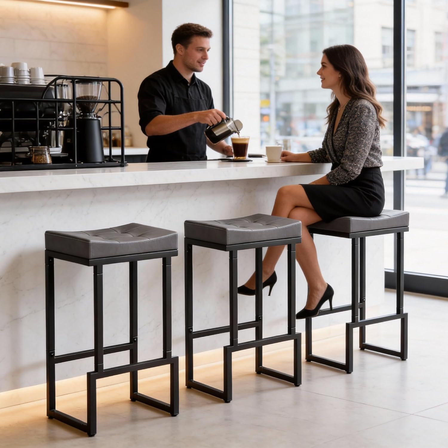 Bar Stools Set of 3, 28" Counter Height Bar Stools, Faux Leather Barstools for Kitchen Island, Backless Saddle Stools with Metal Legs (Grey, 3PCS 28" Bar Stools)