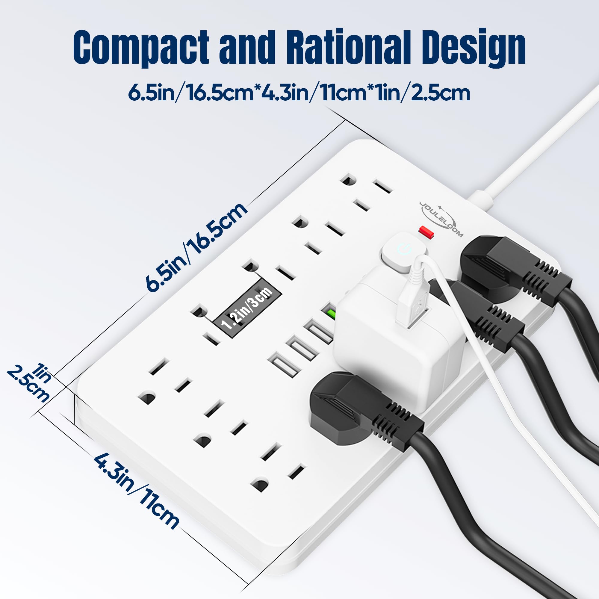 JouleLoom Überspannungsschutz-Steckdosenleiste mit flachem Stecker, 11 mehrere AC-Steckdosen mit 6 USB-Ports (2 USB C), 1,8 m Verlängerungskabel, 1250 W/10 A, One-Touch-Schalter-Taste, 17-in-1