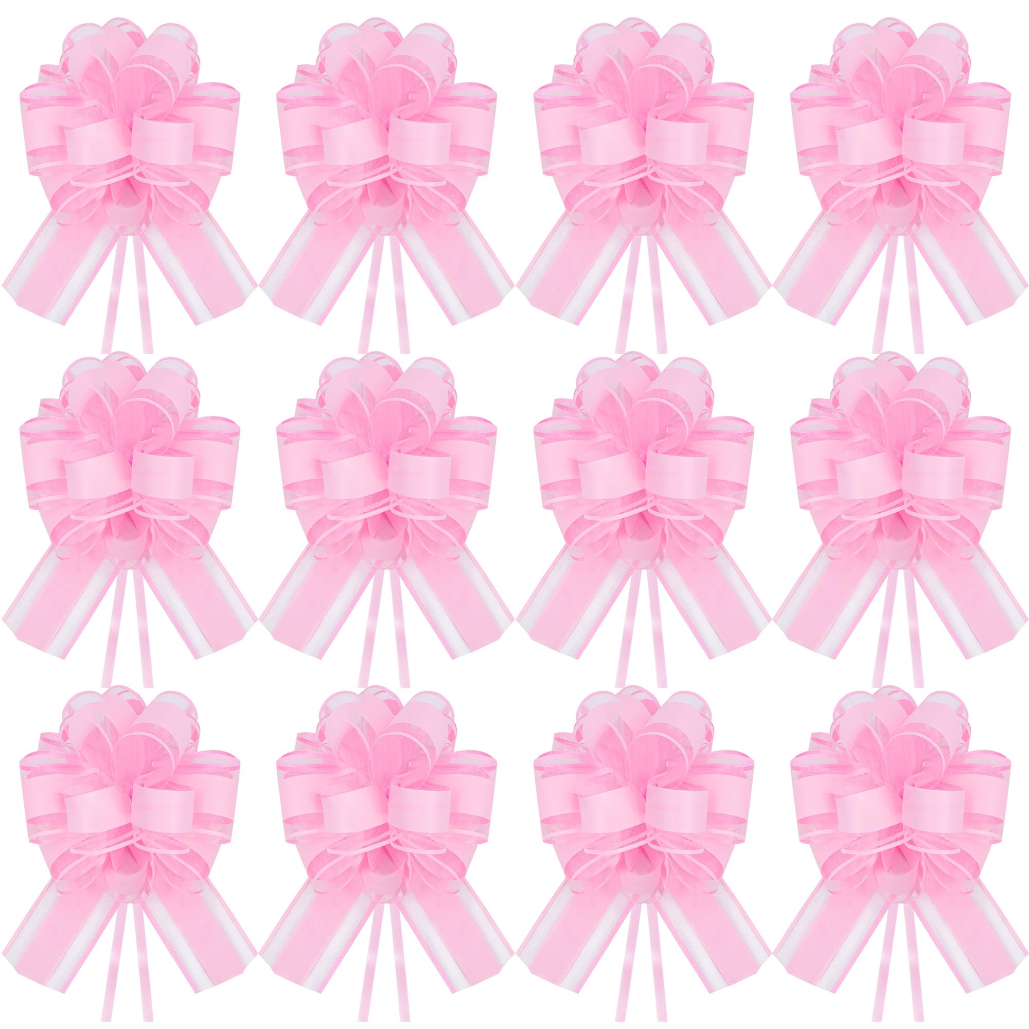 Time to Sparkle 12PCS Organza Pull Bows 17cm*22cm Gift Wrapping Bows Present with Ribbon Pull String for Christmas Baskets,Party Present,Holiday - Light Pink