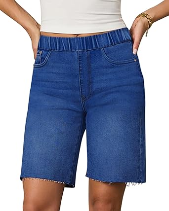 Womens Raw Hem Denim Bermuda Shorts Mid-Rise Long Jorts Baggy Pull On Strechy Jeans Shorts with Elastic Waist