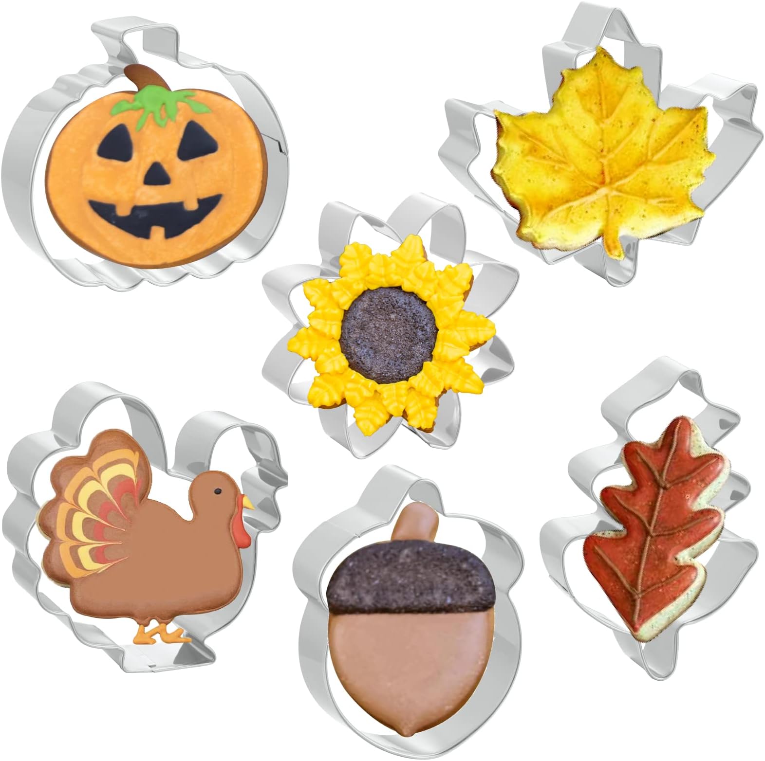 Fall Thanksgiving Cookie Cutters 6 PCS, 3'' to 3.5'', Pumpkin, Leaf, Turkey, Acorn, Sunflower