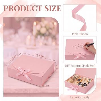 12 Pack Gift Boxes with Lids, Kraft Paper Gift Boxes with Ribbon Greeting Cards Envelopes for Wedding Birthday Christmas Party Present Packaging (pink)