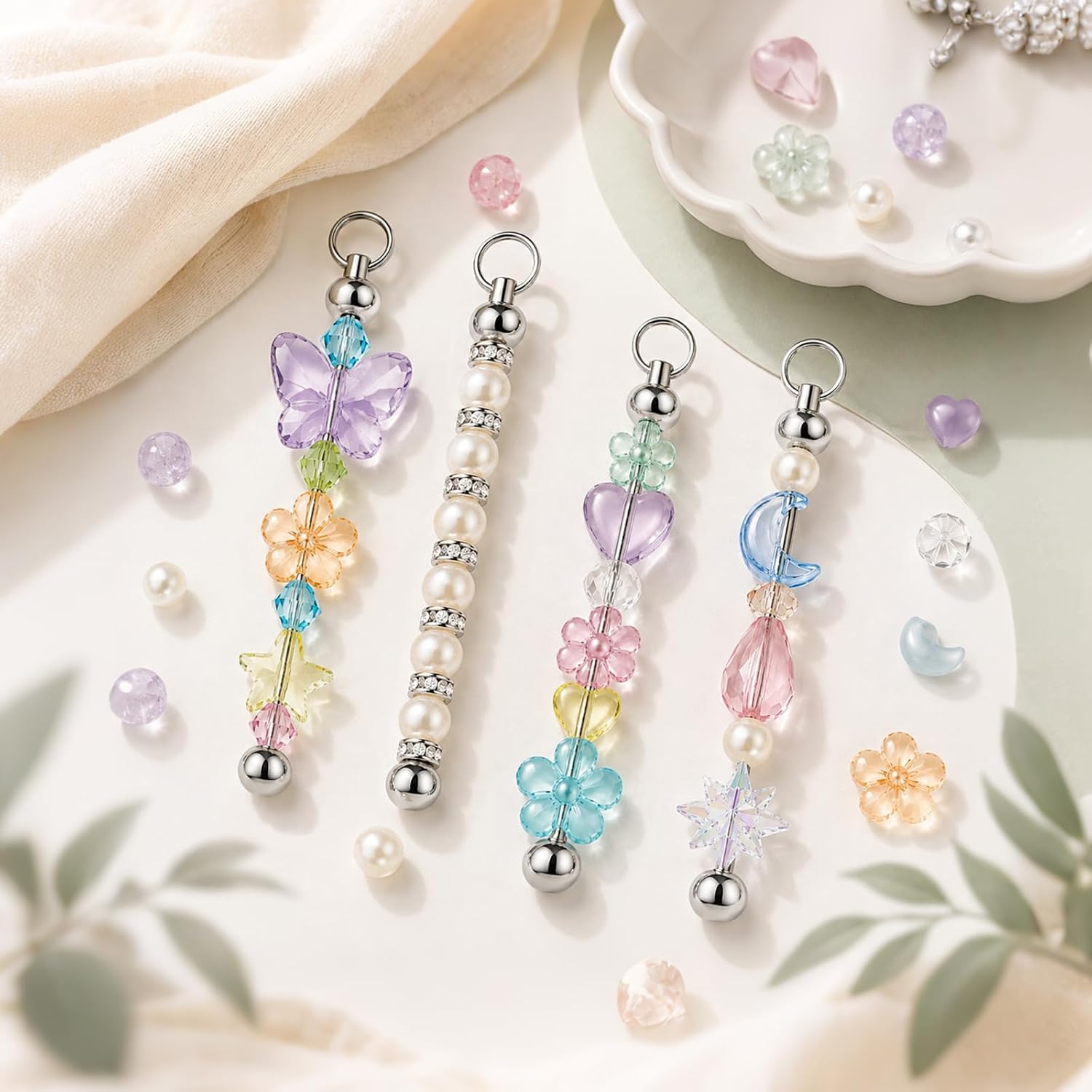 Draupnir 72 Pcs Beadable Keychains Bars, Included 36Pcs Silver Beadable Keychains Bars Bulk Blank for Keychain Making and 36Pcs Colorful Tassel
