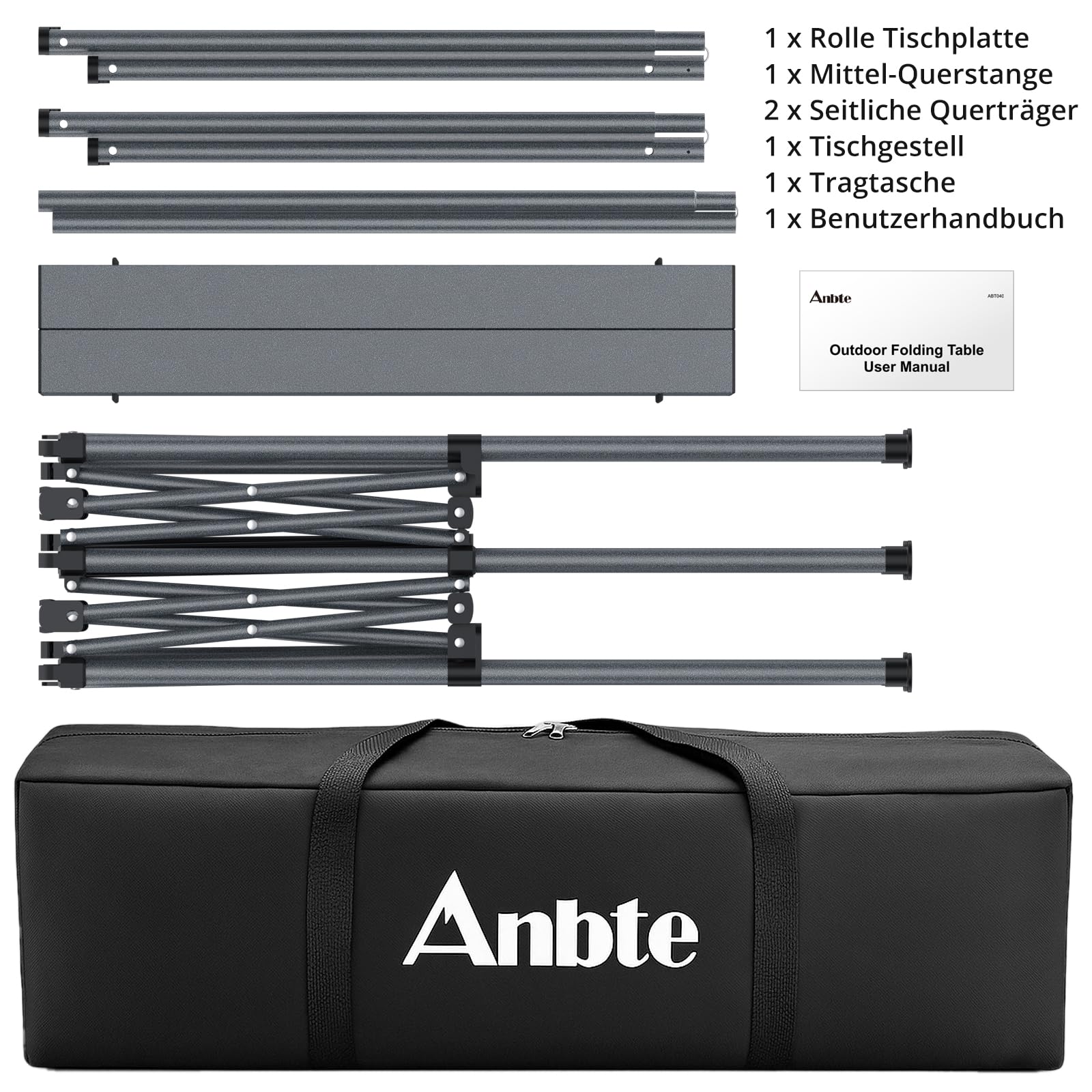 Anbte Campingtisch Klappbar bis 120kg Übergröße 122x60x74cm(LxBxH) Alu Rolltisch für 6 bis 8 Personen X-Frame Design Klapptisch mit Tragetasche für Outdoor Balkon Garten Strand Picknick (Schwarz)