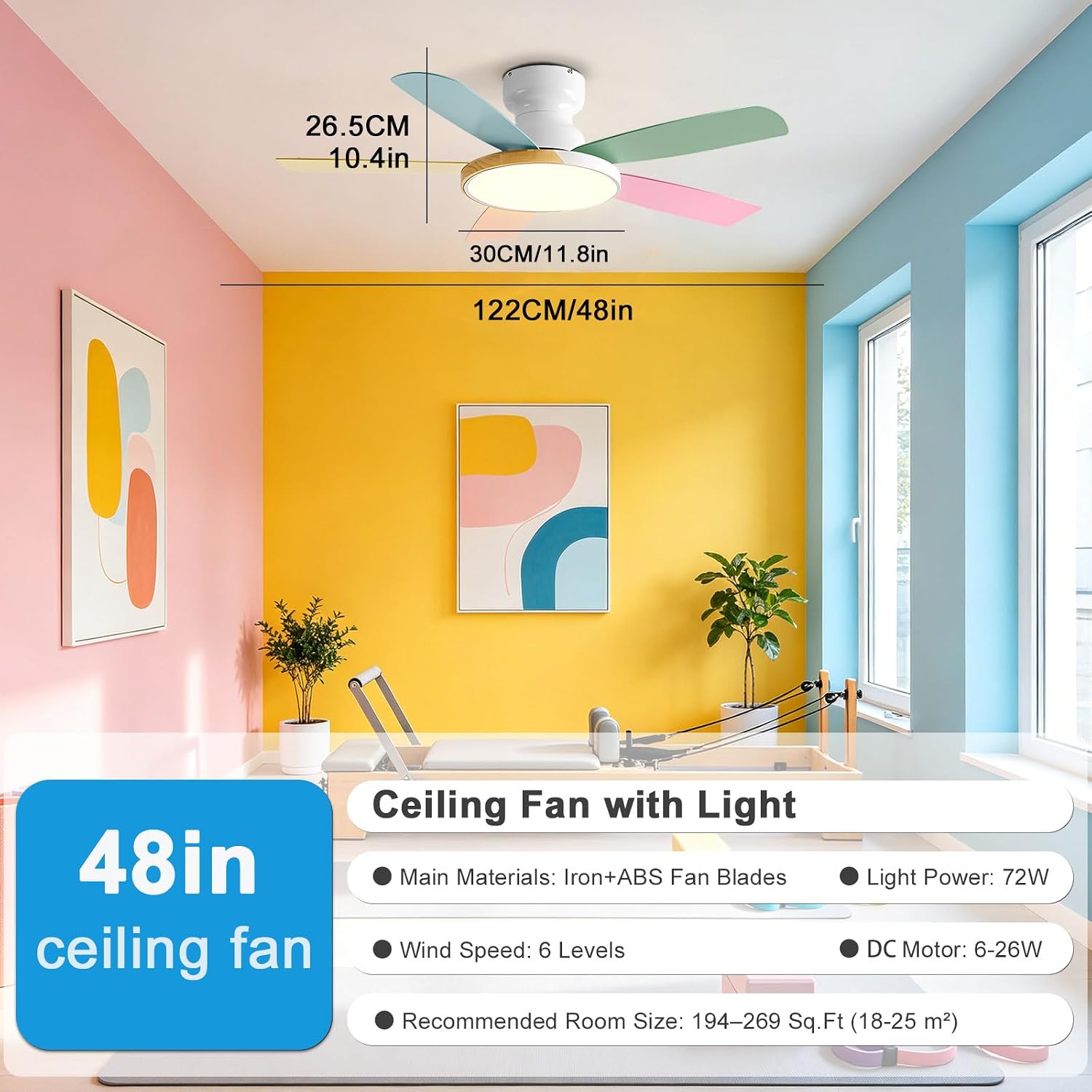 Modern Ceiling Fan with Light 5 Colorful Blades, 6-Speed Quiet Ceiling Fans with Lights and Remote for Bedroom Living Room Patio Low Profile Flush Mount Ceiling Fan Light