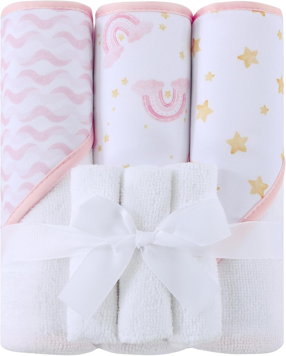 Viviland Juego de 6 toallas y paños con capucha para bebé, toallas de baño súper suaves para cara y cuerpo de recién nacido, paño absorbente para bebés y niñas, patrón de arcoíris rosa, 28 x 28 pulgadas