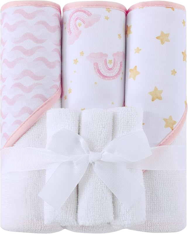 Viviland Juego de 6 toallas y paños con capucha para bebé, toallas de baño súper suaves para cara y cuerpo de recién nacido, paño absorbente para bebés y niñas, patrón de arcoíris rosa, 28 x 28 pulgadas