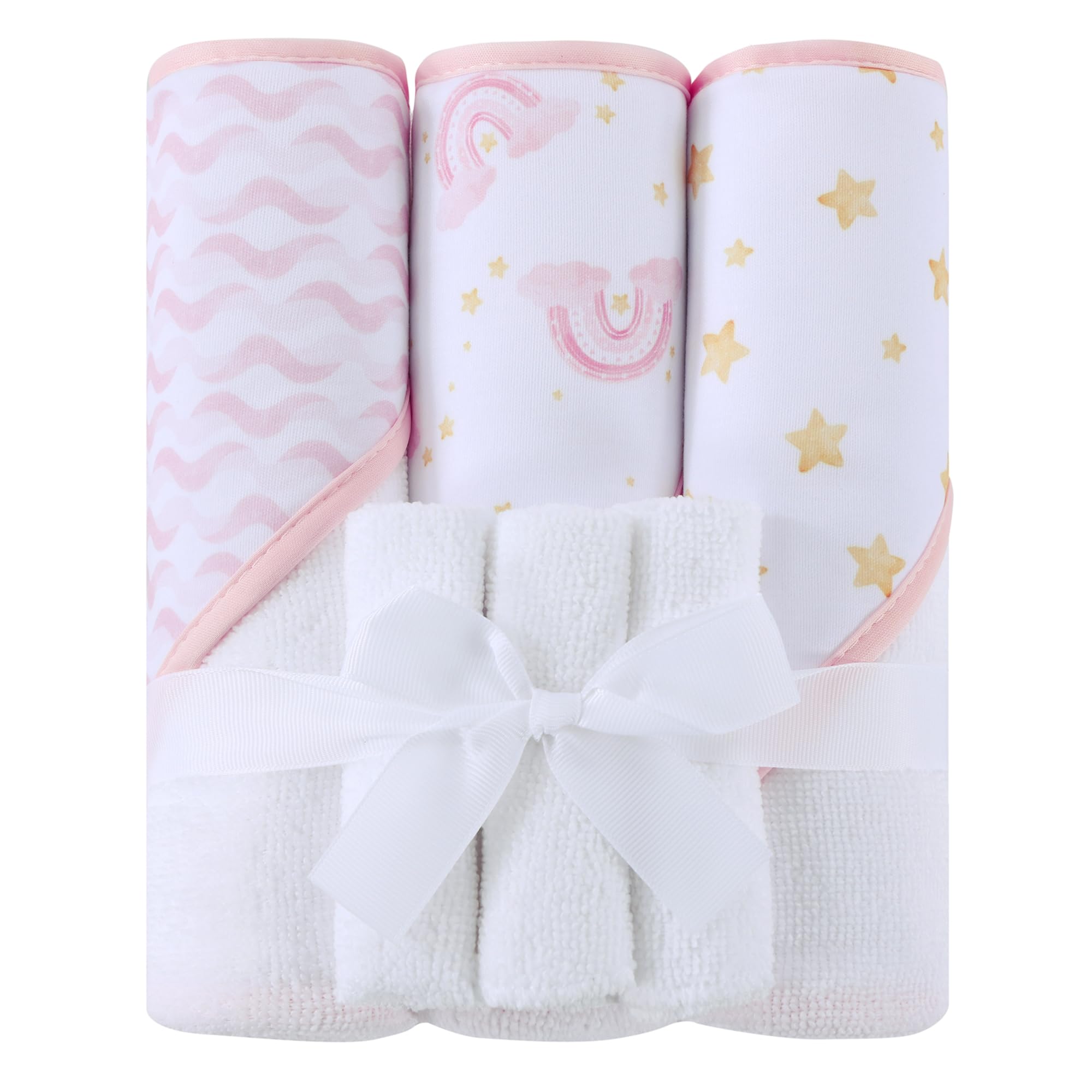 Viviland 6 Pcs Hooded Baby Towels and Washcloths Set, Super Gentle Bath Towels for Newborn Face &amp; Body, Absorbent Wash Cloth for Infants Girls, Pink-Rainbow Pattern, 28 x 28 inch