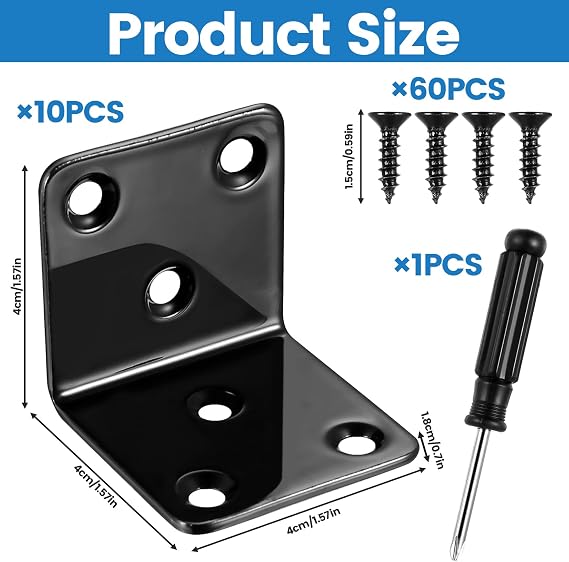 10 pcs Heavy‑Duty 90° L Brackets 40×40 mm for Wood (Black)