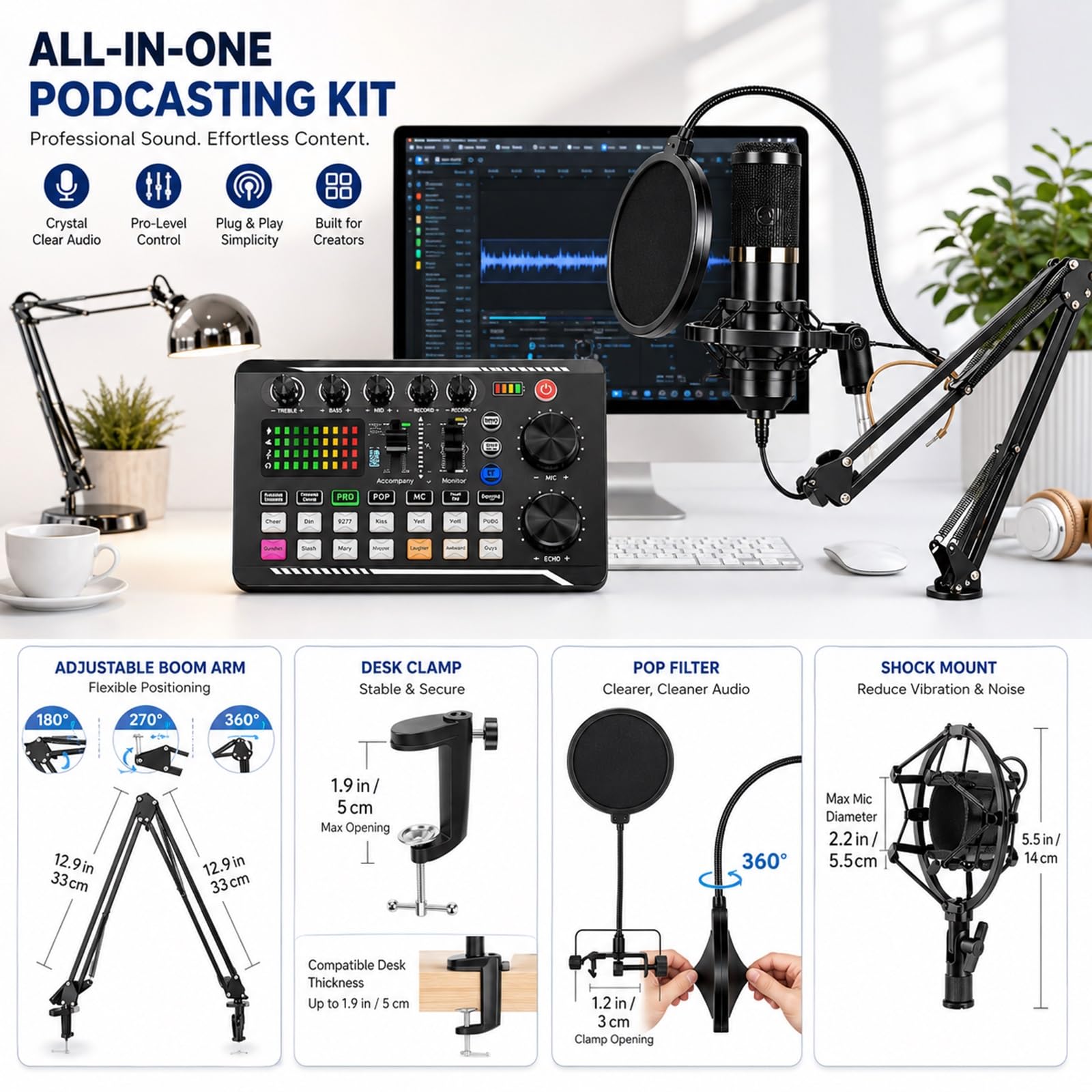 Kit Completo Per Podcast, Scheda Audio F998 E Microfono Da Studio BM-800 Con Braccio A Pantografo Regolabile; Include Mixer DJ, Interfaccia Audio E Modulatore Di Voce Per Live Streaming(Nero)