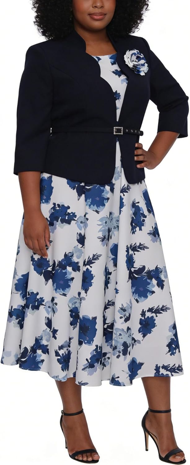Women's Wedding Guest Suit Dress Elegant Floral Dress for Womens Plus Size Geenlinm FASHlON Outfits Blazers Jacket with Belt