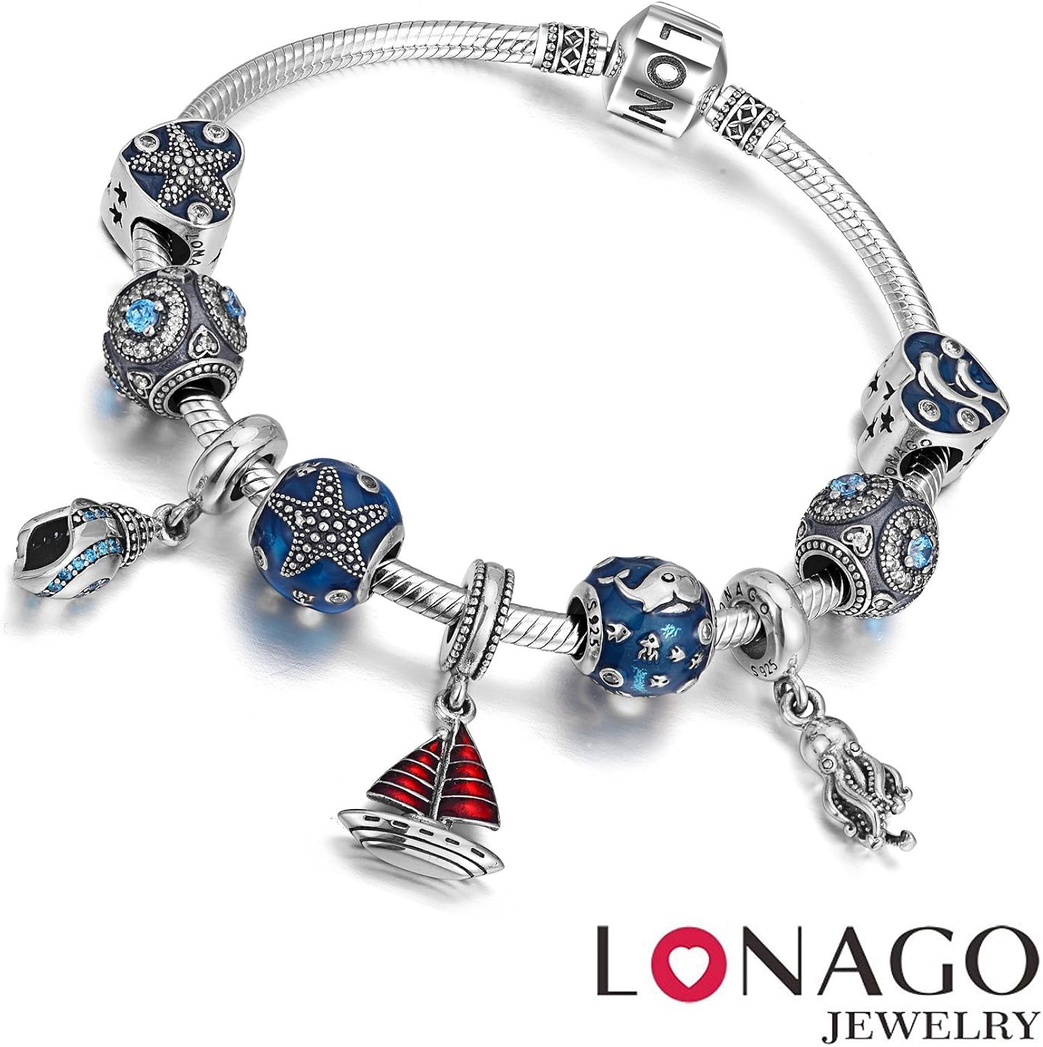 Genuine Charm Bracelet 925 Sterling Silver Snake Chain Bangle Barrel Clasp Jewelry Fit Pandora Charm Birthday Gift for Women… (8.3 inches/21 cm): Clothing