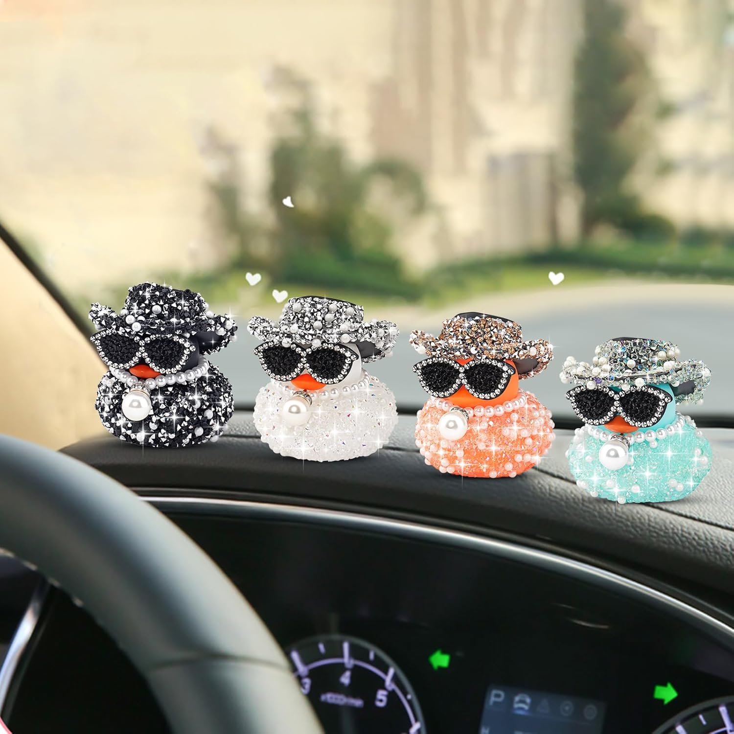 wonuu Pearl Diamond Rubber Duck Car Ornaments Dashboard Decorations for Cute Car Accessories, Black