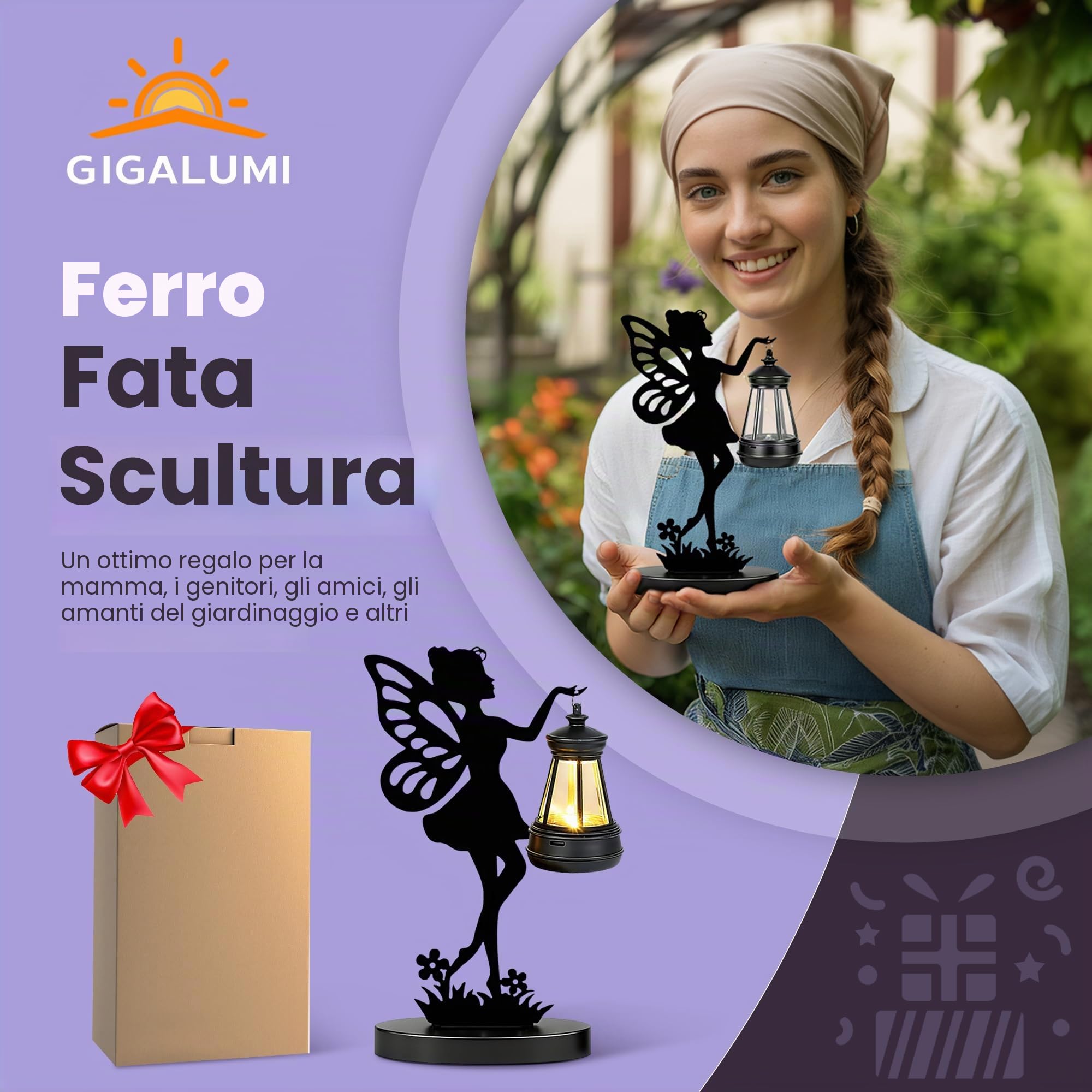 GIGALUMI Statua di Fata in Ferro, Ornamento da Giardino per Esterni, con Luci a Energia Solare, Impermeabile, Decorazione per Patio, Cortile, Regali Unici per la Mamma (Confezione da 2)