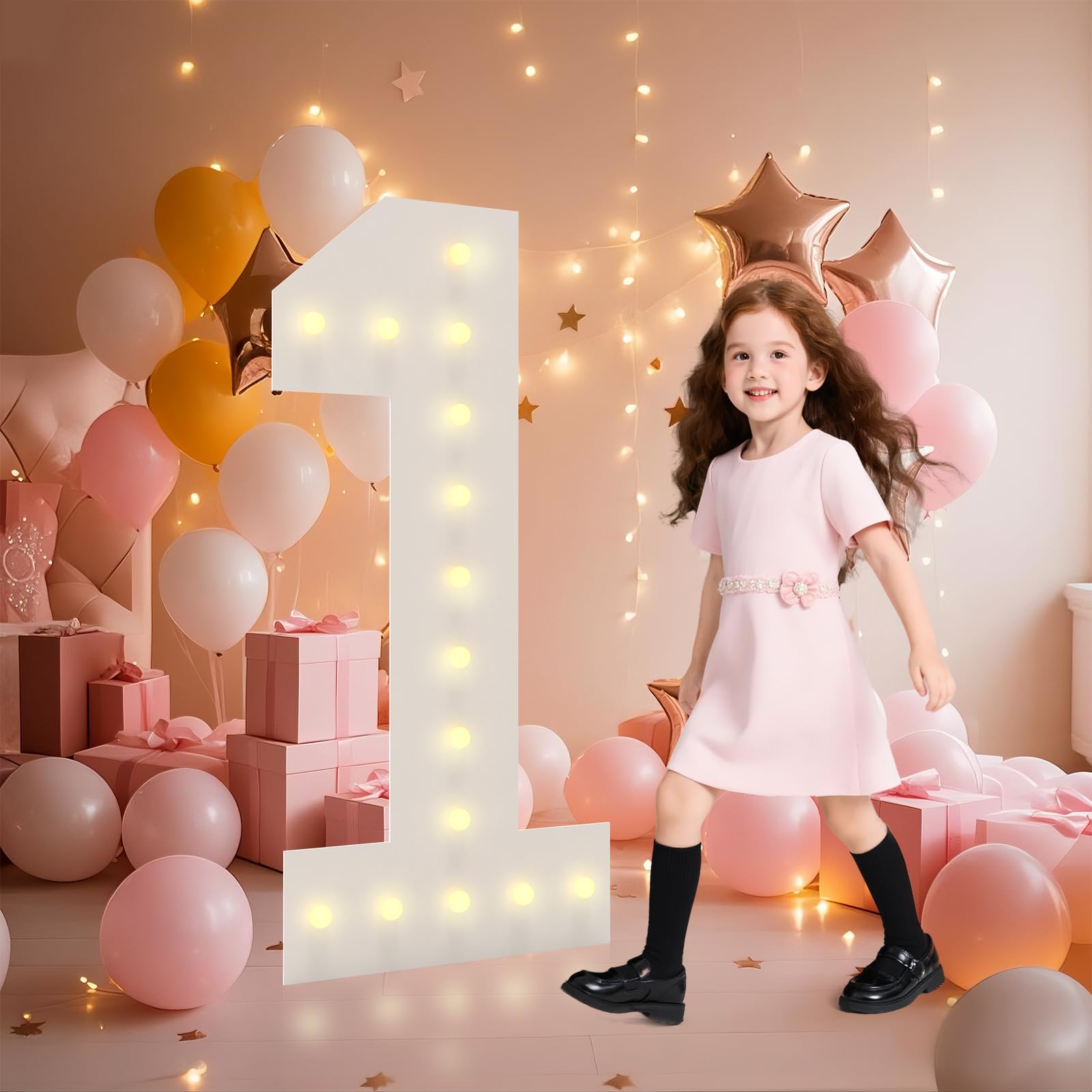 LOBOOM 4FT Light Up Numbers, Marquee Numbers 4 Feet Tall Giant Number 1 Mosaic Big Number Sign for 1st 16th 21st Birthday Party Backdrop Anniversary Decorations, Pre-Cut Large Frame โ image 1