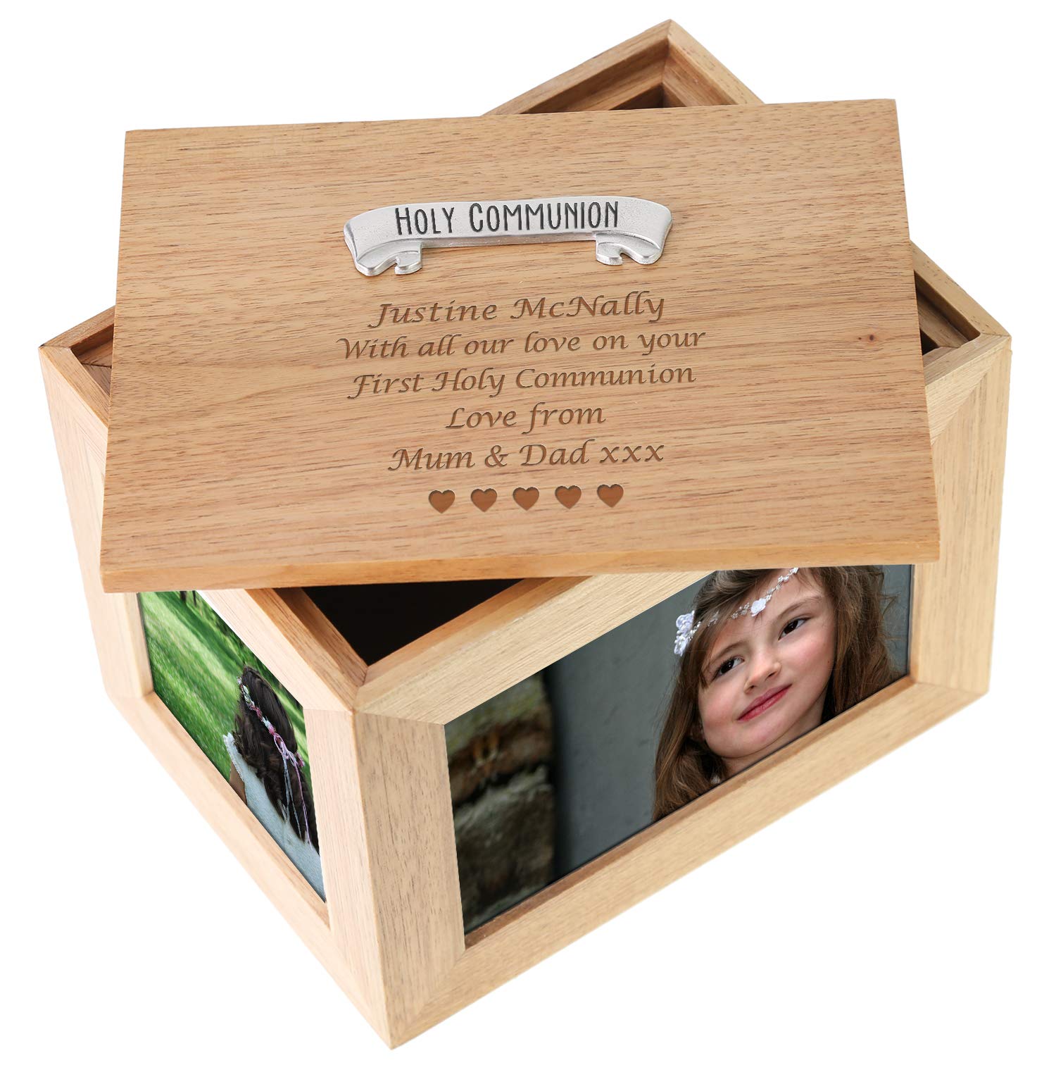 De Walden Girl's First Holy Communion Gift Engraved Large Oak Photo Keepsake Memory Box with Pewter 1st Communion Banner Feature For a Girl