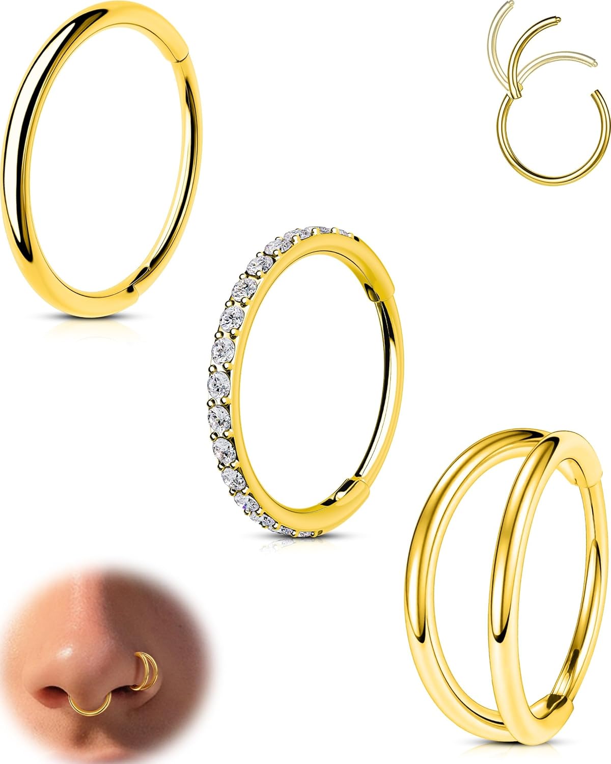 CM Crareesi Mania Nose Rings Hoops Set 3pcs 316L Surgical Steel Double Hoop Nose Ring Septum Rings