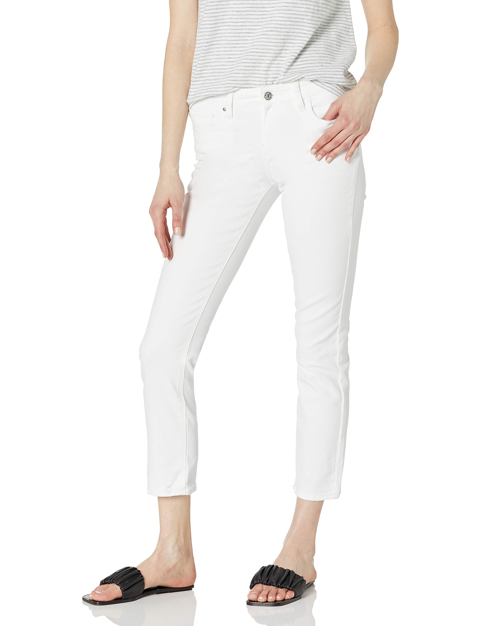 PAIGE Women's Amber Mid Rise Straight Leg Vintage Hardware in Crisp White with Broken Hem