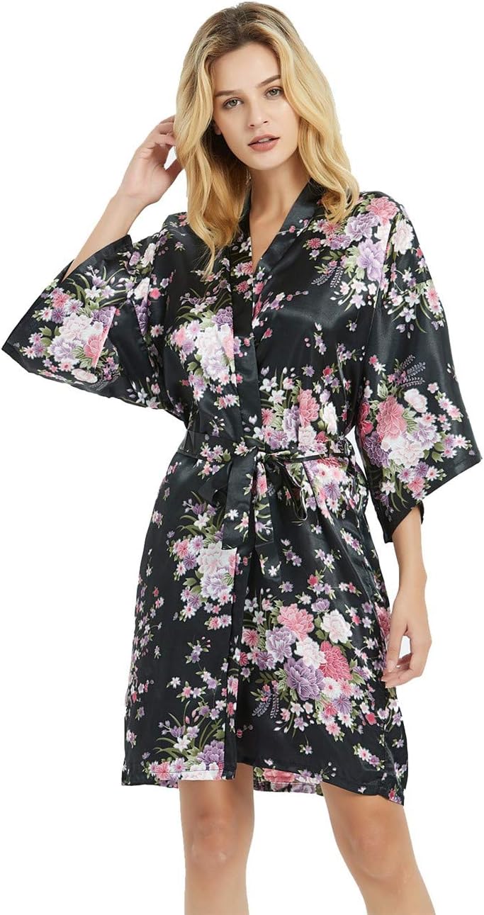 Women's Satin Robes Floral Bridesmaid Robes Short Silk Kimonos Sleepwear