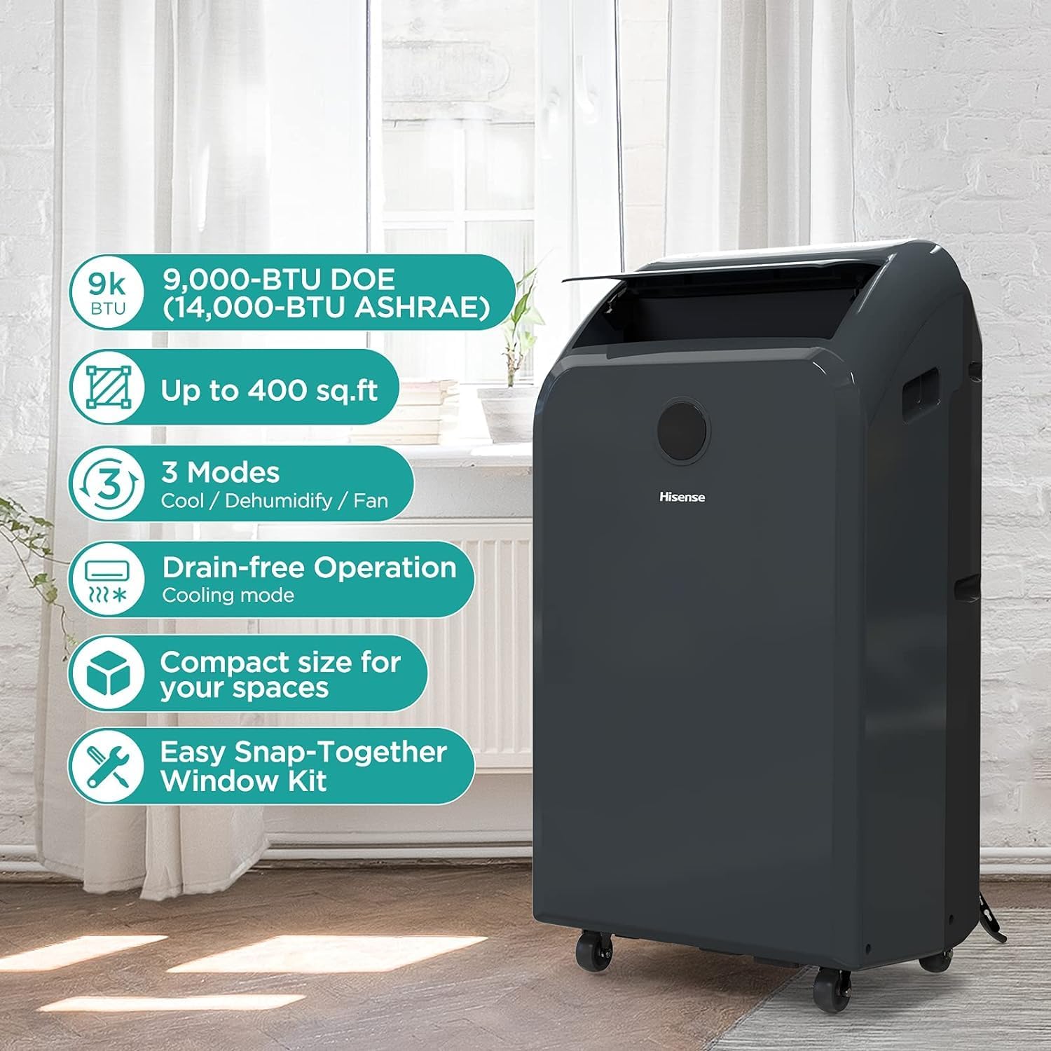 Hisense Portable Air Conditioner with feature callouts