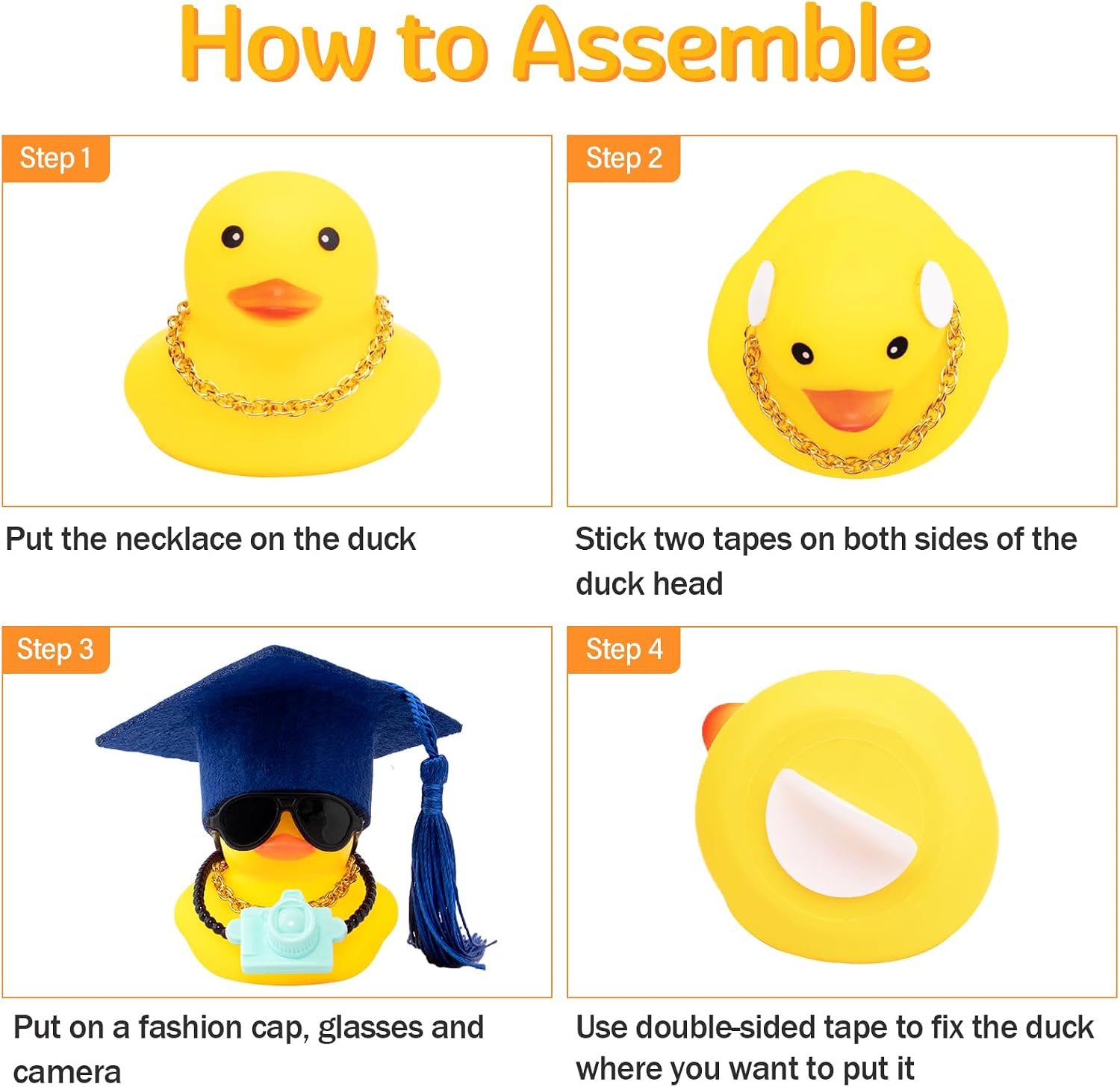wonuu Rubber Duck Car Decoration Color Graduation Hat Camera Car Ornaments Duck Car Dashboard Decorations for Cool Car Accessories with Necklace and Sunglasses, Blue