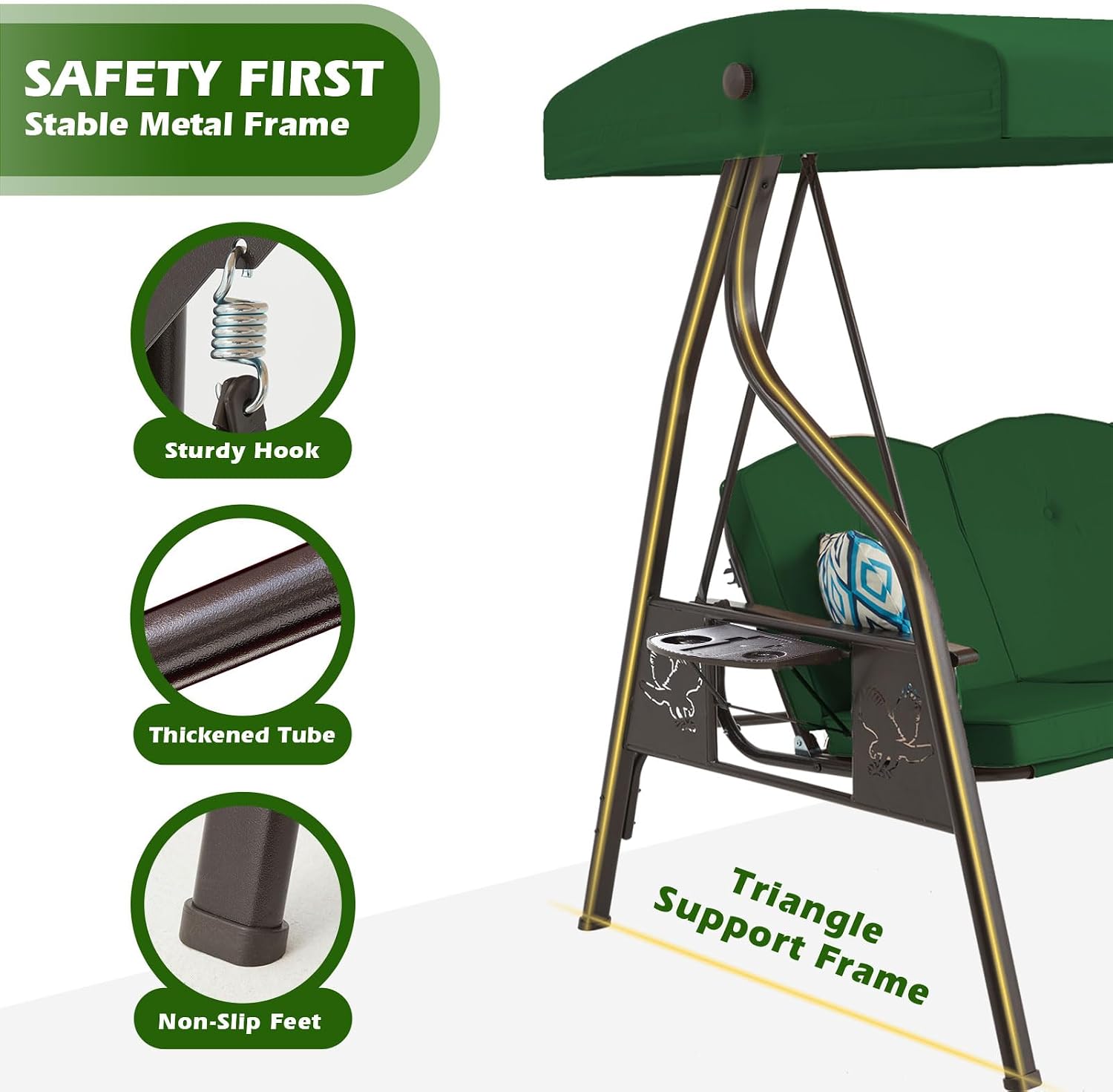 ZZW 3-Seat Outdoor Porch Swing with Stand Patio Swing with Canopy 2 in 1 Porch Swing Bed & Patio Swing Chair for Adult w/Extra Pillows and Cup Holder for Yard(Green)