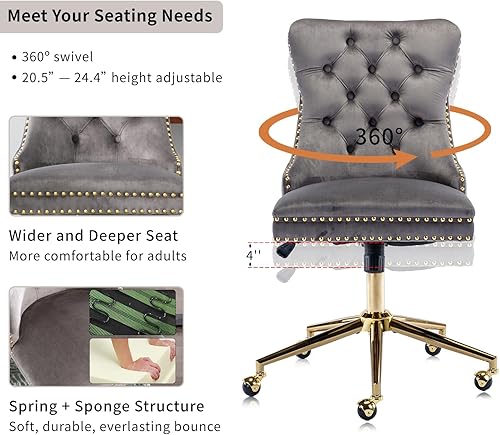 Miniatura 5 de Sillas de escritorio de oficina en casa, silla de escritorio de terciopelo gris, silla de oficina en casa, tapizada tapizada, base de metal dorado,