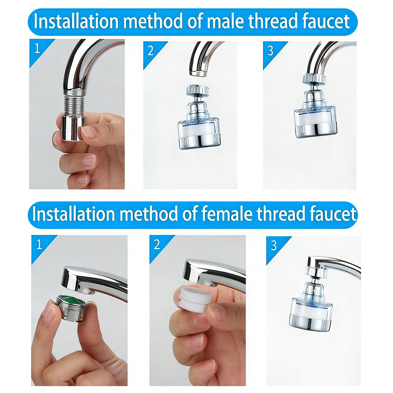 Filtre à eau Robinet Anti Calcaire avec 6 éléments Filtrants en coton PP, Tête de Pulvérisateur Rotatif 360°