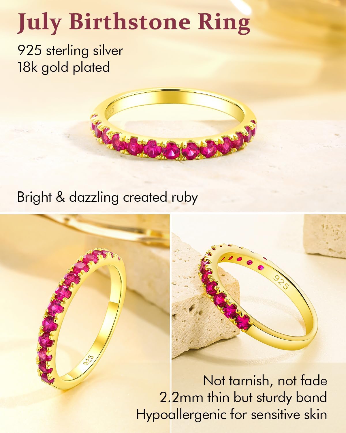 DAYBYDAY Sterling Silver Birthstone Rings for Women, 2.2mm Thin Stackable Half Eternity Band Rings, Created Gemstone Wedding Band Anniversary Ring