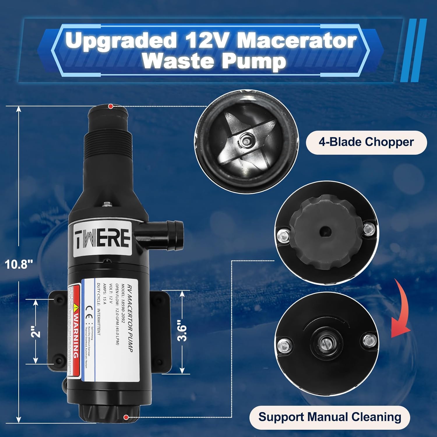 2026 Upgraded 4-Blade Chopper Macerator Pump,12V DC Macerator Pump Compatible With Jabsco 18590-2092,43 L/min Waste Transfer | Dry-Run Protection | Self-Priming Up to 5 Ft, For RV Boat Yacht