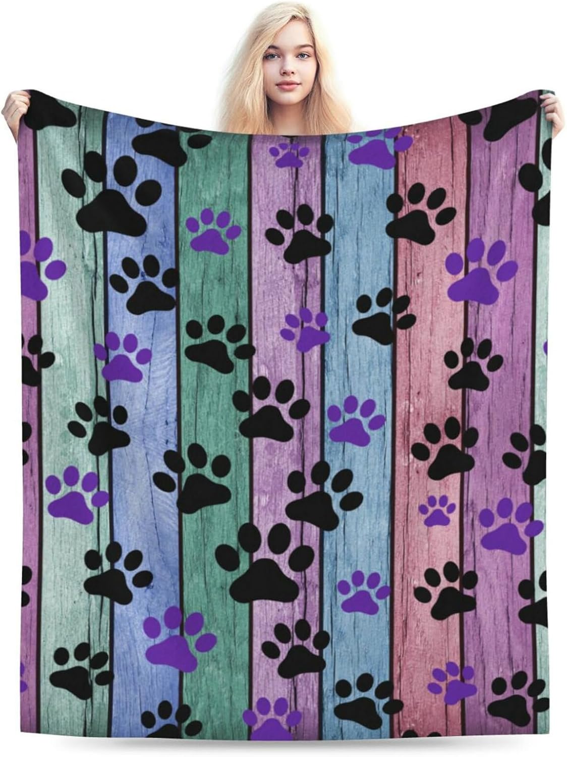 DESIGNS 犬の足跡スローブランケット 素朴なレインボー 木目調 ブラックとパープル 犬の足跡 【カドラーペットベッド】 ソフトブランケットとひ