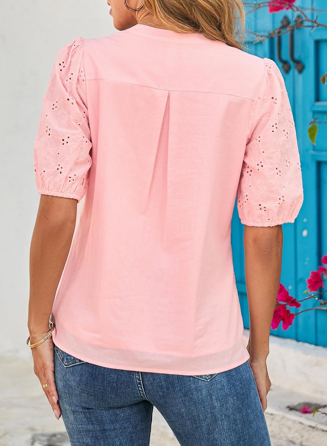 Dokotoo Women's Dressy Casual Lace Blouses Summer Tops Half Sleeve V Neck Buttons Hollow Out Embroiderey Shirts - Image 2