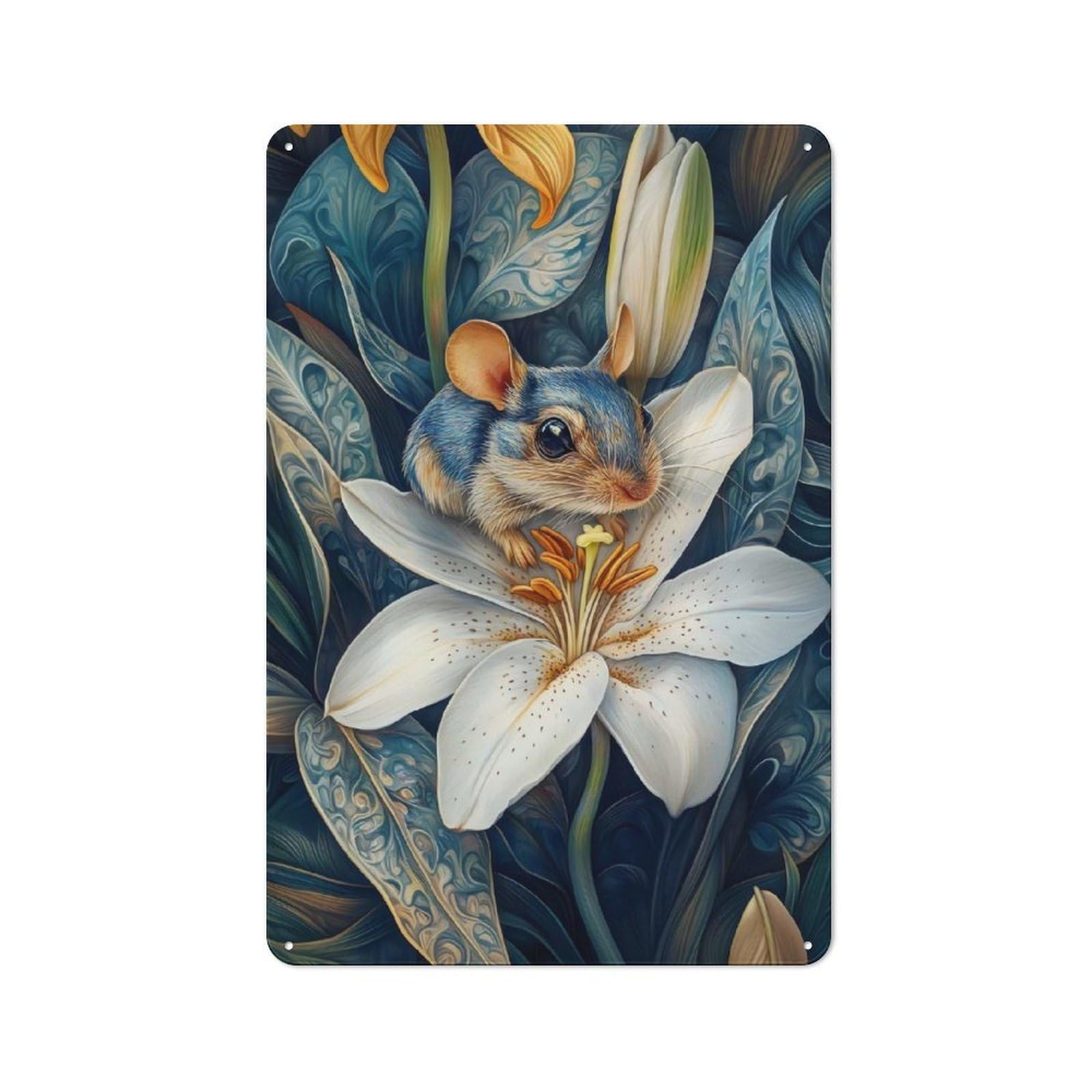 Junmoney Mouse On White Lily Tin Wall Plaque 30X20cm With For Hobby Room Or Studio, New Home Wall Decor For Creative Interior Collectors