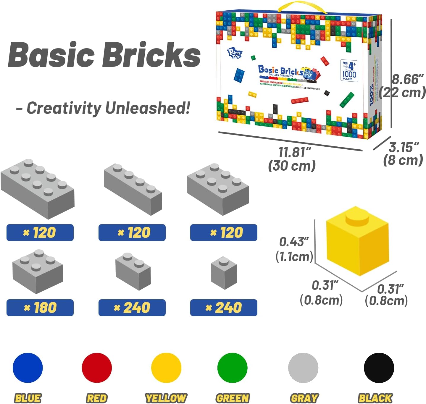 Pairez Toys 1000 Pieces Building Blocks, Classic Creative MOC Bricks, 6 Sizes & 6 Colors, Compatible with All Major Brands Parts and Pieces, Building Toys for Kids, Boys & Girls 4+
