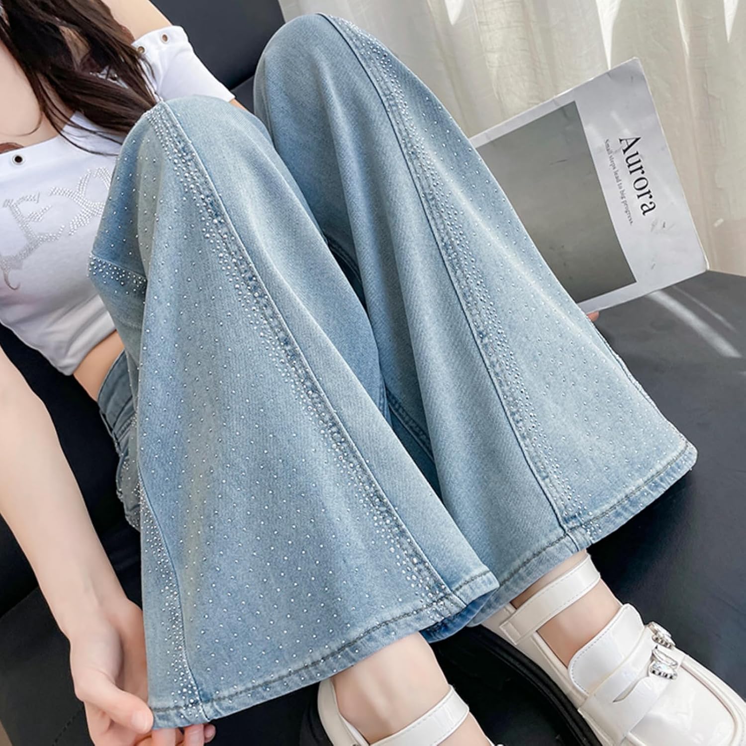 Women's Rhinestone Jeans Wide Leg Flare Denim Pants High Waist Trendy Wide Leg Sparkle Shiny Sequin Glitter Trouser
