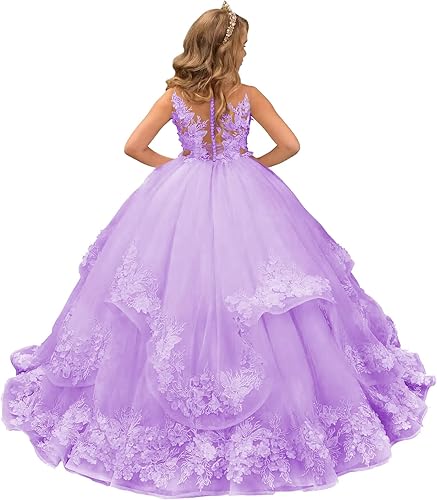 Flower Girl Dresses 3D Lace Applique Tulle Princess Pageant Dress Prom Ball Gowns