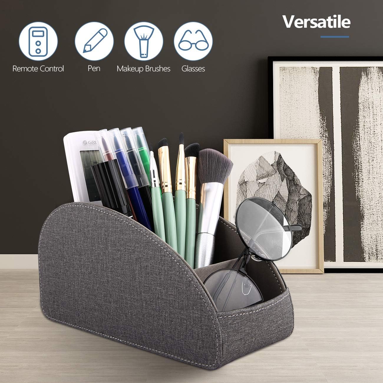 TiMOVO Remote Control Holder, [5 Compartments] PU Leather TV Remote Organizer Remote Caddy Desktop Organizer for Remote Controllers, Office Supplies, Makeup Brush, Media Accessories - Gray